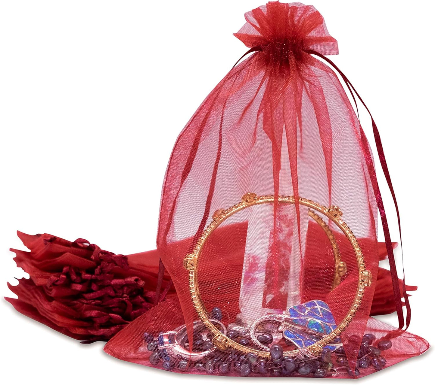 TheDisplayGuys 48-Pack 6x8 Maroon Sheer Organza Gift Bags with Drawstring, Jewelry Candy Treat Wedding Party Favors Mesh Pouch