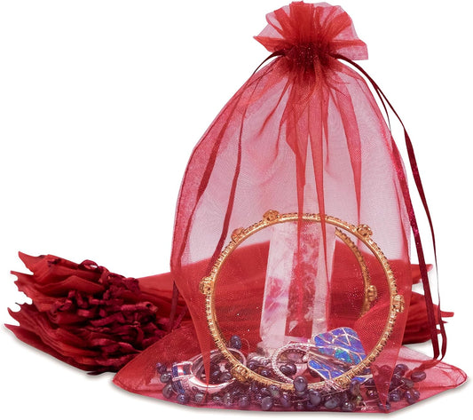 TheDisplayGuys 48-Pack 6x8 Maroon Sheer Organza Gift Bags with Drawstring, Jewelry Candy Treat Wedding Party Favors Mesh Pouch