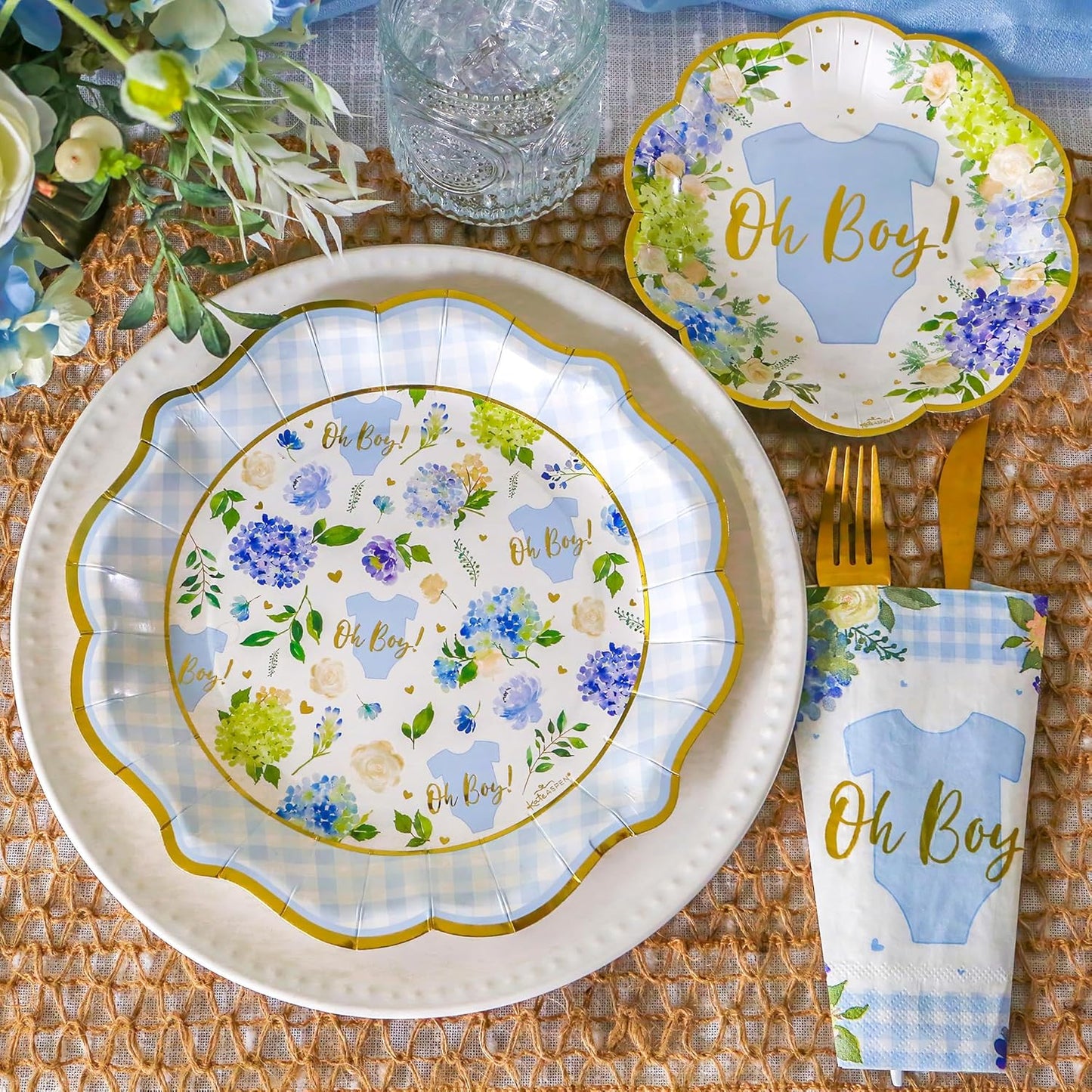 Kate Aspen Baby Shower Onesie Blue Floral & Gingham Tableware Set - 62pc. 16pcs 7 inch & 16pcs 9 inch Heavy Duty Disposable Party Plates, 30pcs 6.5 inch Durable Paper Napkins