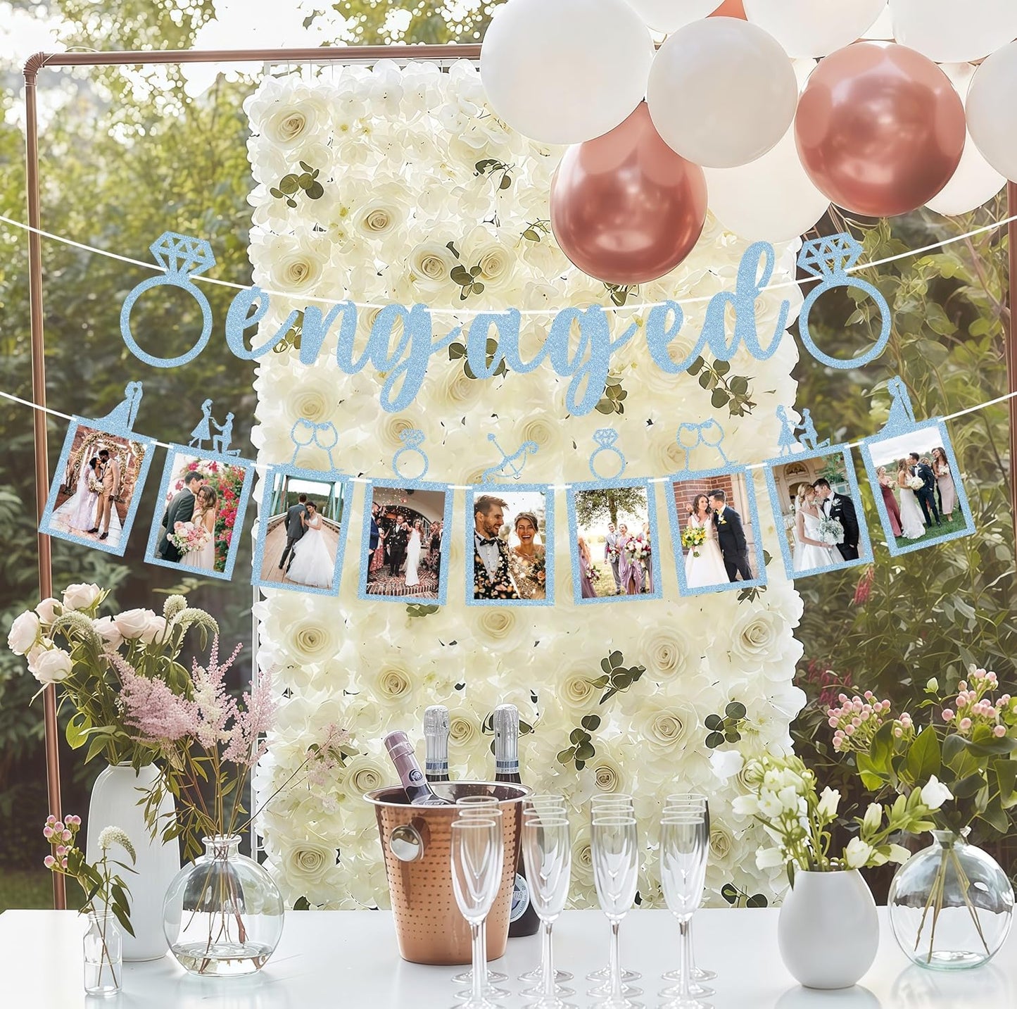 Pre-Strung Engaged Photo Banner - Light Blue Glitter Engagement Party Decoration Supplies with Romantic Memories Picture Card Frames for Bachelorette, Bridal Shower, Wedding Party Photo Booth Props