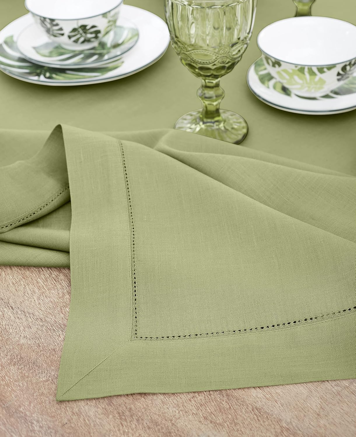 Solino Home Linen Moss Green Tablecloth 60 x 108 Inch - Classic Hemstitch, 100% Pure Linen Rectangular Tablecloth - Machine Washable Table Cloth for Fall, Autumn, Thanksgiving