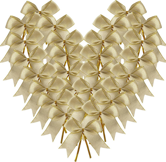 50pcs 3-1/2" White Gold Bows with Twist Ties for Gift Wrapping Packing Christmas Decoration (W.Gold)