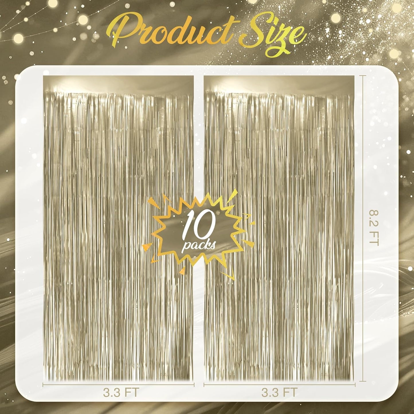 10 Pack Metallic Champagne Gold Fringe Backdrop, 3.2x8.2ft Shining Foil Tinsel Curtains, Birthday Party Decorations Door Streamers for Halloween, Christmas, Wedding, Graduation, Holiday, Theme Events