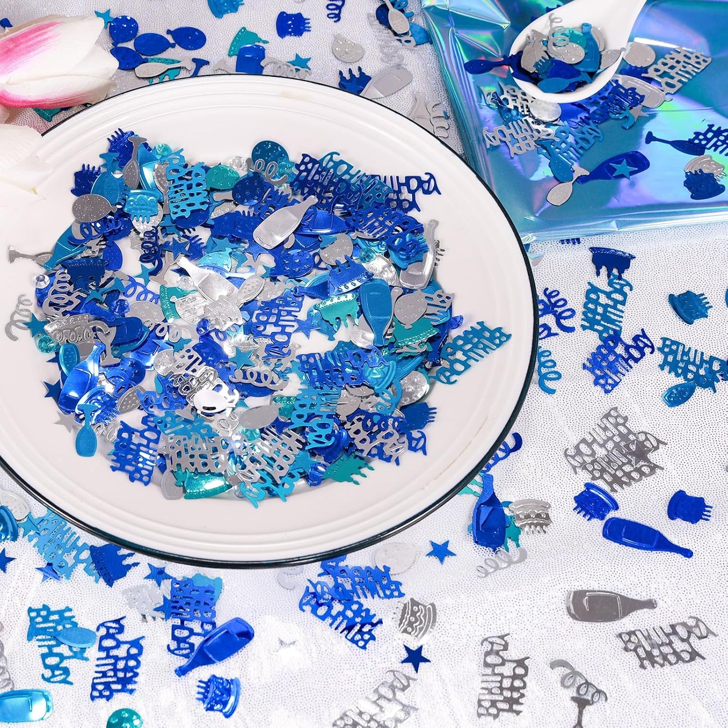 Blue and Silver Happy Birthday Confetti, 3000 Pcs Birthday Cake Table Metallic Foil Confetti Party Table Decor for Party, Baby Shower, DIY Arts and Crafting