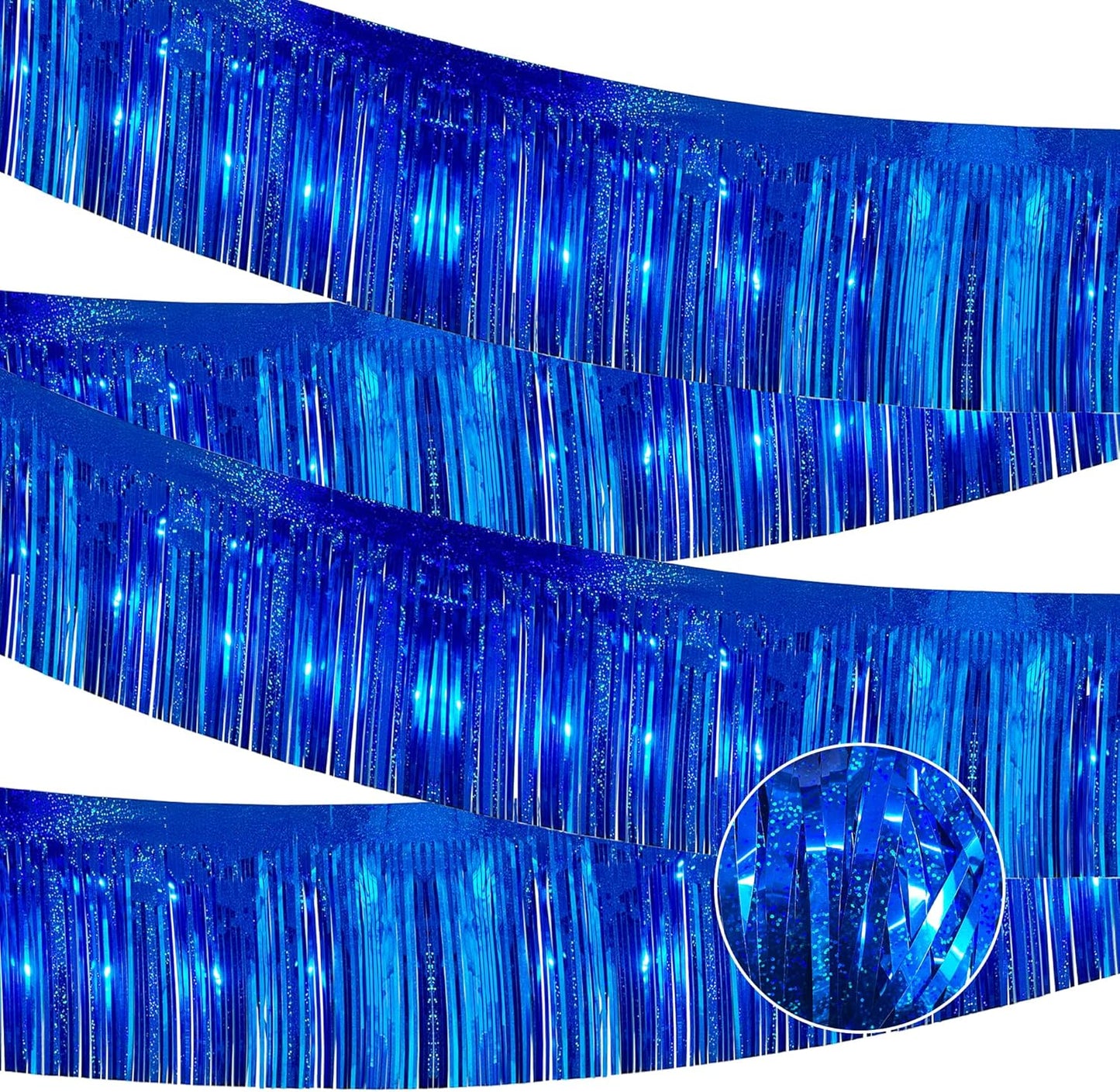4 Pack 10 Feet Glitter Royal Blue Parade Float Decorations for Trailer Car, Glitter Foil Fringe Metallic Tinsel Streamers Banner Garland for Graduation Weeding Homecoming Birthday Party(Glitter-Blue)