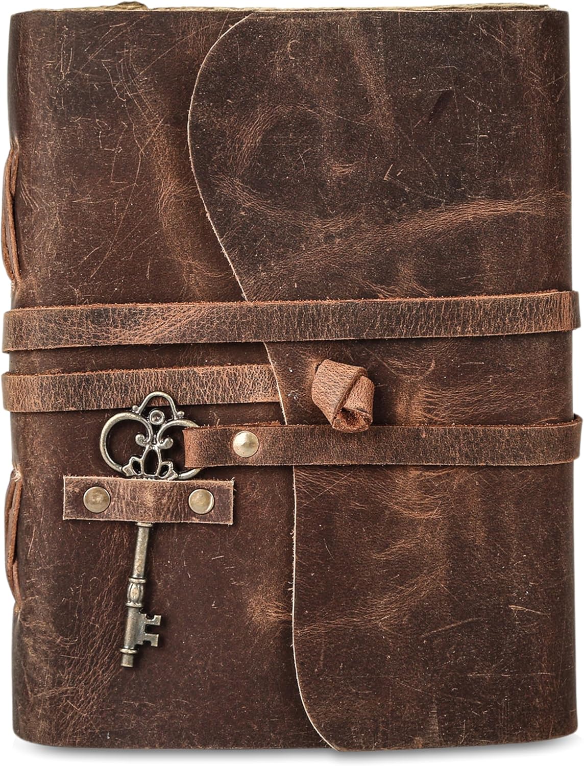 Leather Journal with Deckle Edge Paper 7x5 inch and Vintage Key | Handmade Writing Notebook Diary | Bound Daily Notepad for Men & Women Medium, Sketch/Writing pad for Artists (Brown)