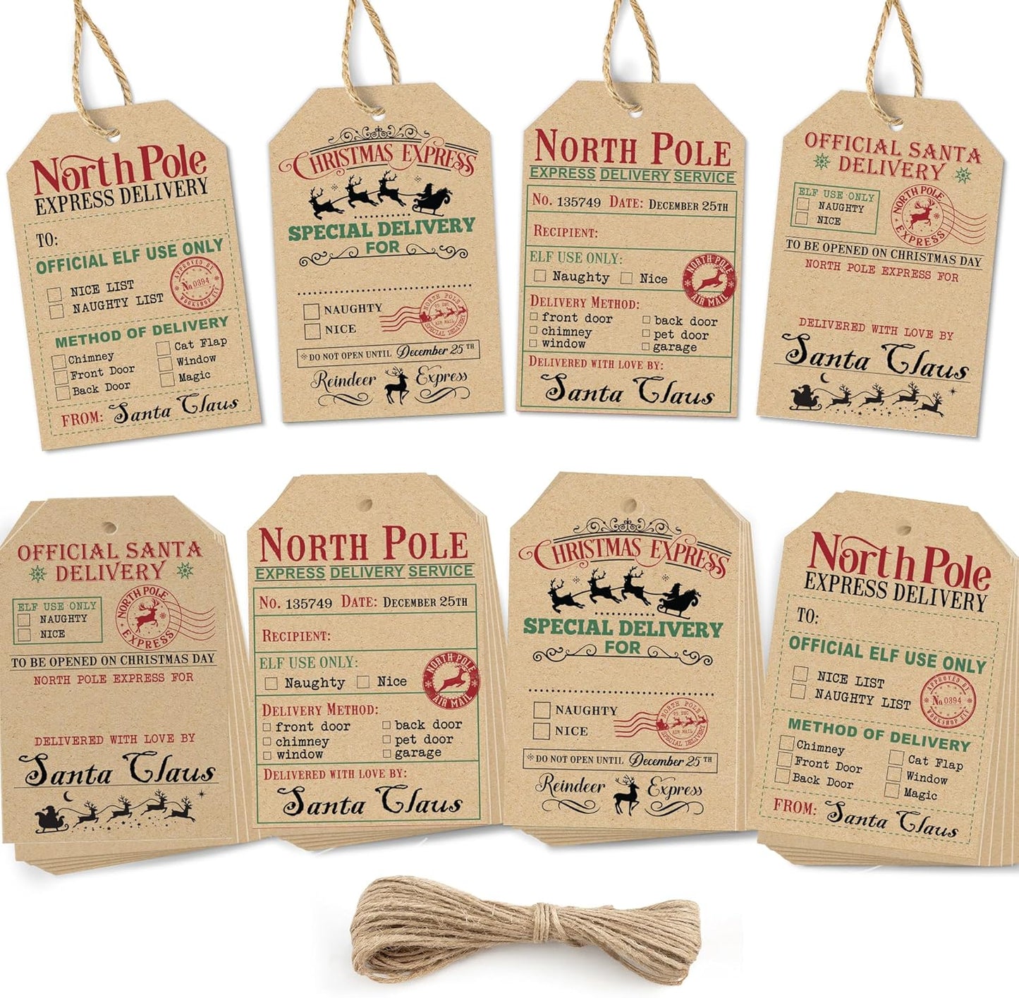 from Santa Christmas Gift Tags, 48 Kraft Labels with String (2x3”), 4 Vintage Santa Tags, Rustic Holiday Name Labels for Presents