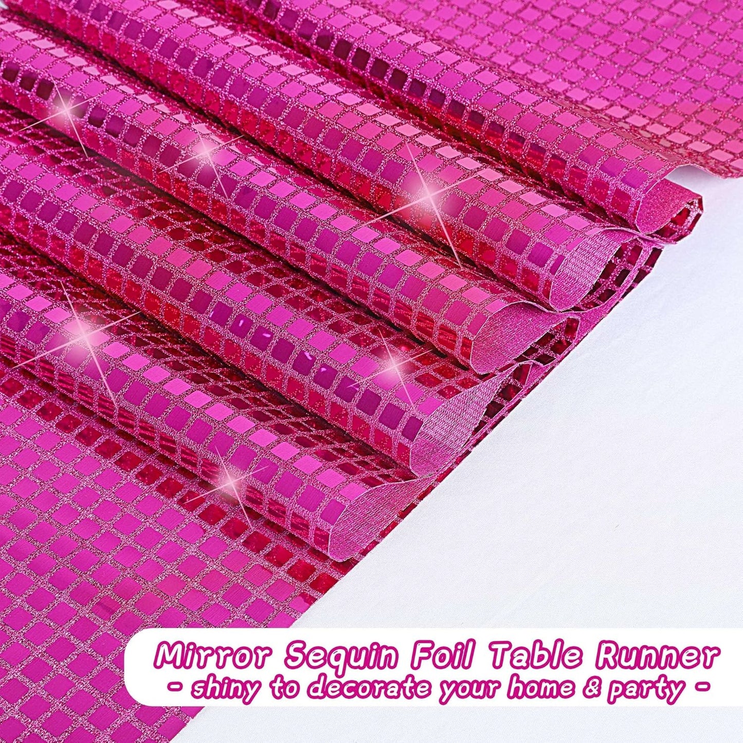 Durony 2 Pack Disco Table Runner 11 x 108 Inch Mirror Hot Pink Glitter Foil With Sparkle Sequin for Bachelorette, 70s, Cowgirl Party Decorations