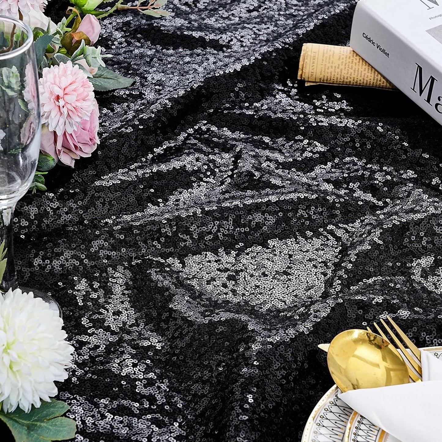 QueenDream Black Party Decorations Sequin Tablecloth: Glitter Overlay 90x90 Inch Table Drapes for Banquet Wedding Theme Party Planners