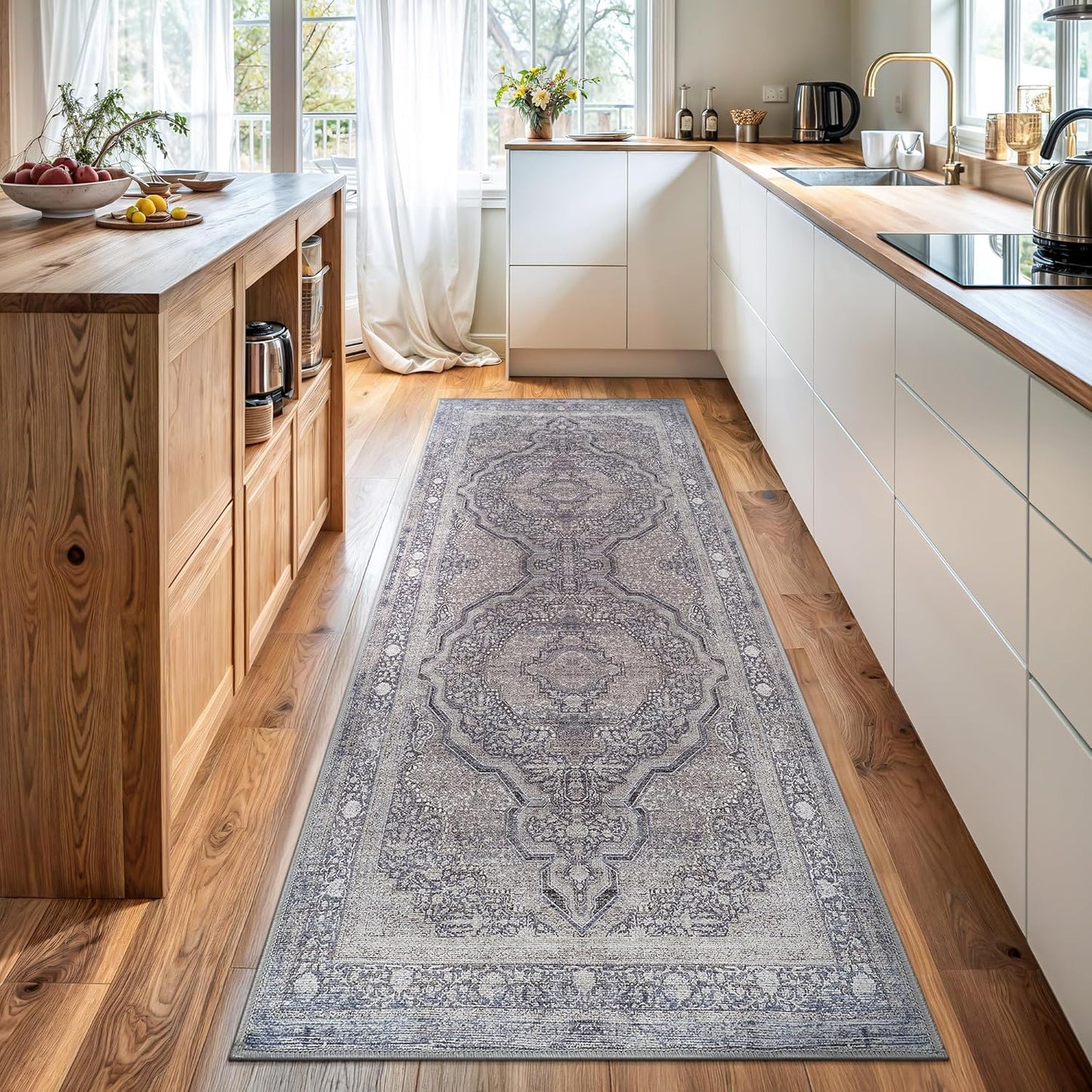 Bloom Rugs Washable Non-Slip 7 ft Runner - Blue/Steel Gray/Beige Traditional Medallion Runner for Entryway, Hallway, Bathroom, and Kitchen - Exact Size: 2.5' x 7'