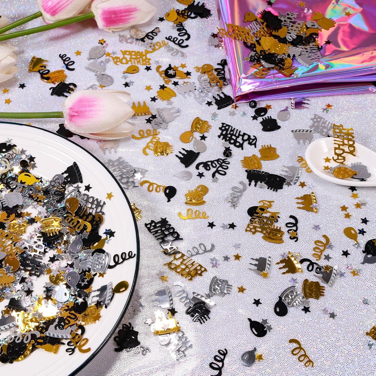 Gold and Black Happy Birthday Confetti, 3000 Pcs Birthday Cake Table Metallic Foil Confetti Party Table Decor for Party, Baby Shower, DIY Arts and Crafting