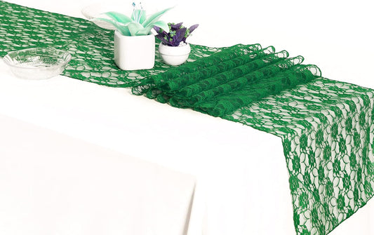 MDS Pack of 10 Wedding 12 x 108 inches Lace Table Runner for Wedding, Decorations for Birthday Parties, Banquets, Graduations, Engagements, and Runners fit Rectangle, Round Table- Hunter Green