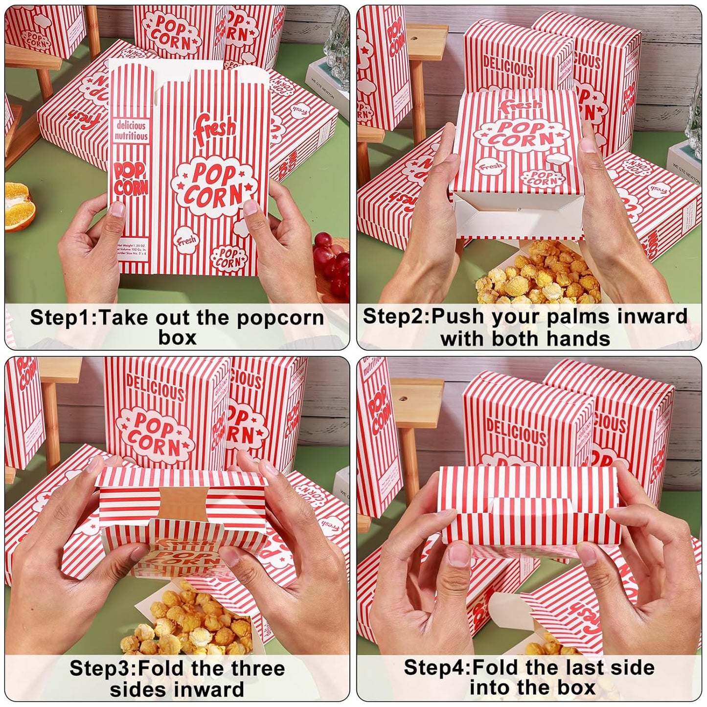 Dualshine 200 Pack Popcorn Boxes,1.25 oz Paper Popcorn Containers,Red and White Striped Close-Top Cardboard Pop Corners Bags Individual Servings for Theater Night Movie,Party,Christmas