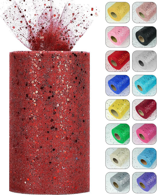 Glitter Tulle Rolls, 6” by 50 Yards (150FT) Sparkling Tulle Spool Ribbon Sequin Tulle Netting Fabric for Tutu Skirt Wedding Birthday Baby Shower (Burgundy)