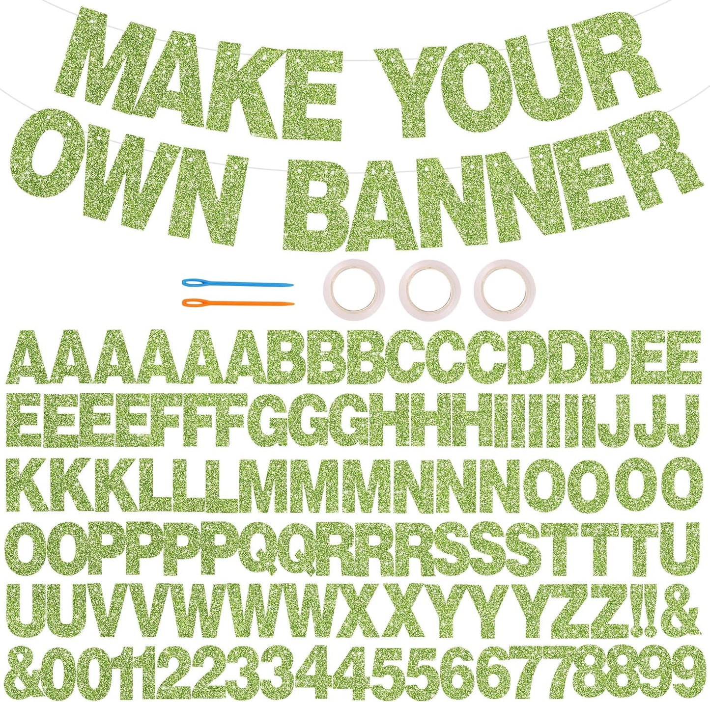 BEISHIDA 116 PCS Glitter Grass green DIY Letter Banner Kit Make Your Own Banner，Including 111 Letters and Numbers 3 Rope and 9 Threading Device,Customized for Birthday Graduation Wedding Party Decor