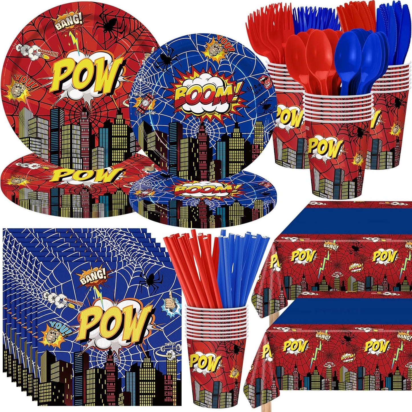 452 Pcs Spider Themed Birthday Party Supplies for 50 Guests, Hero Theme Paper Plates Napkins Cups Tablecloth Cutlery Straws Tableware for Red Blue Halloween Birthday Party Decorations