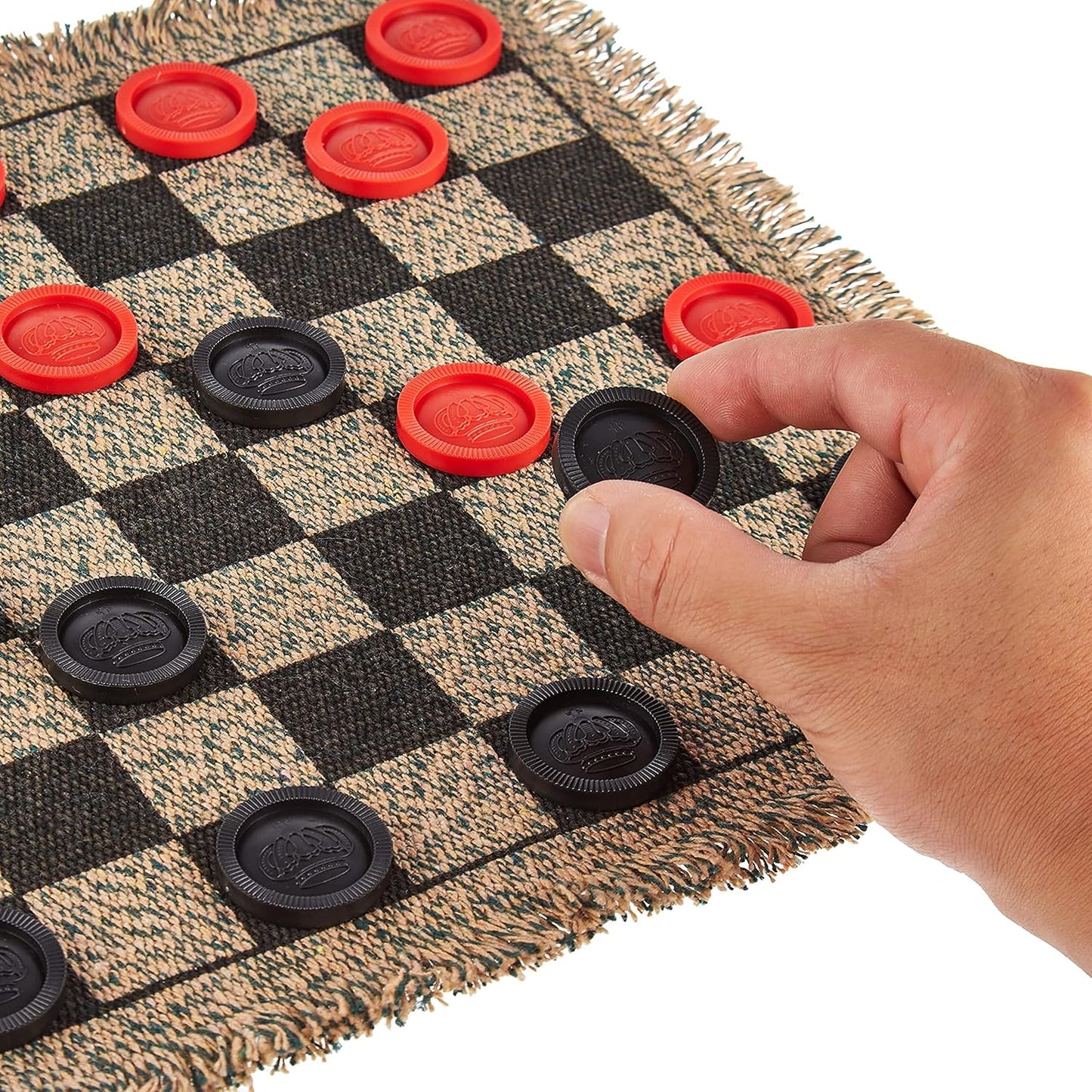 3-in-1 Mini Checkers Rug + Classic & Mega Tic Tac Toe - Portable Compact 12" x 12" Reversible Checkerboard Rug - Travel, Parties, Games on The Go, Family Board Game Night