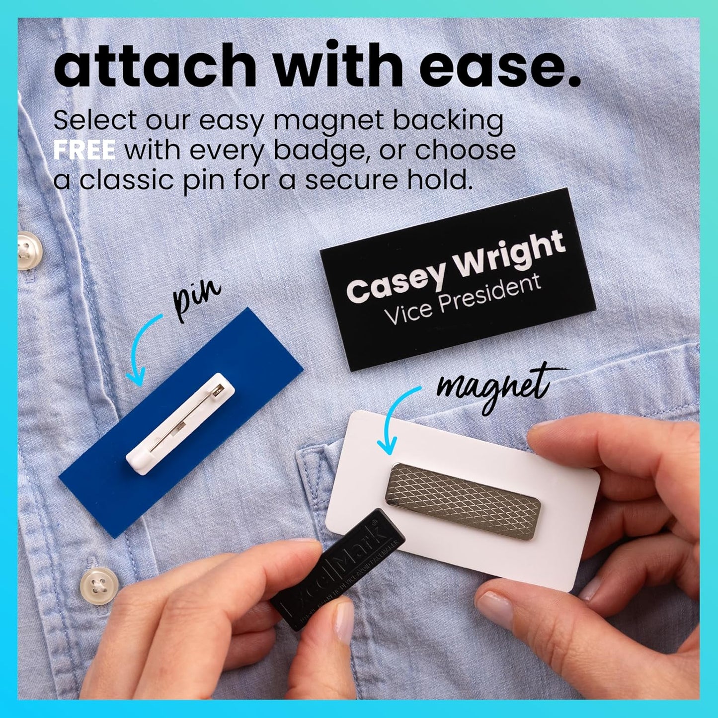 ExcelMark Custom Name Tag - Engraved Name Badge with Pin or Magnetic Backing, 16 Colors, 6 Fonts, and 2 Sizes to Choose from (Red w/White Letters, 1.5"x 3")