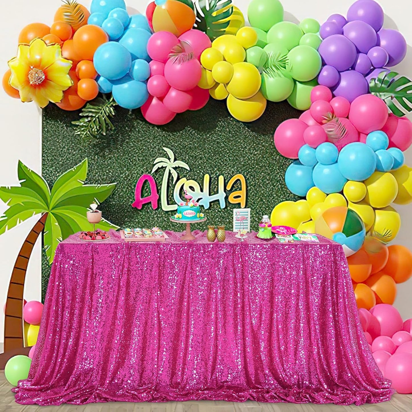 QueenDream Rectangular Sequin Tablecloth 90 x 132 inch Sparkly Patio Table Cloth for Spring Party Wedding Baby Shower Table Decoration Fuchsia