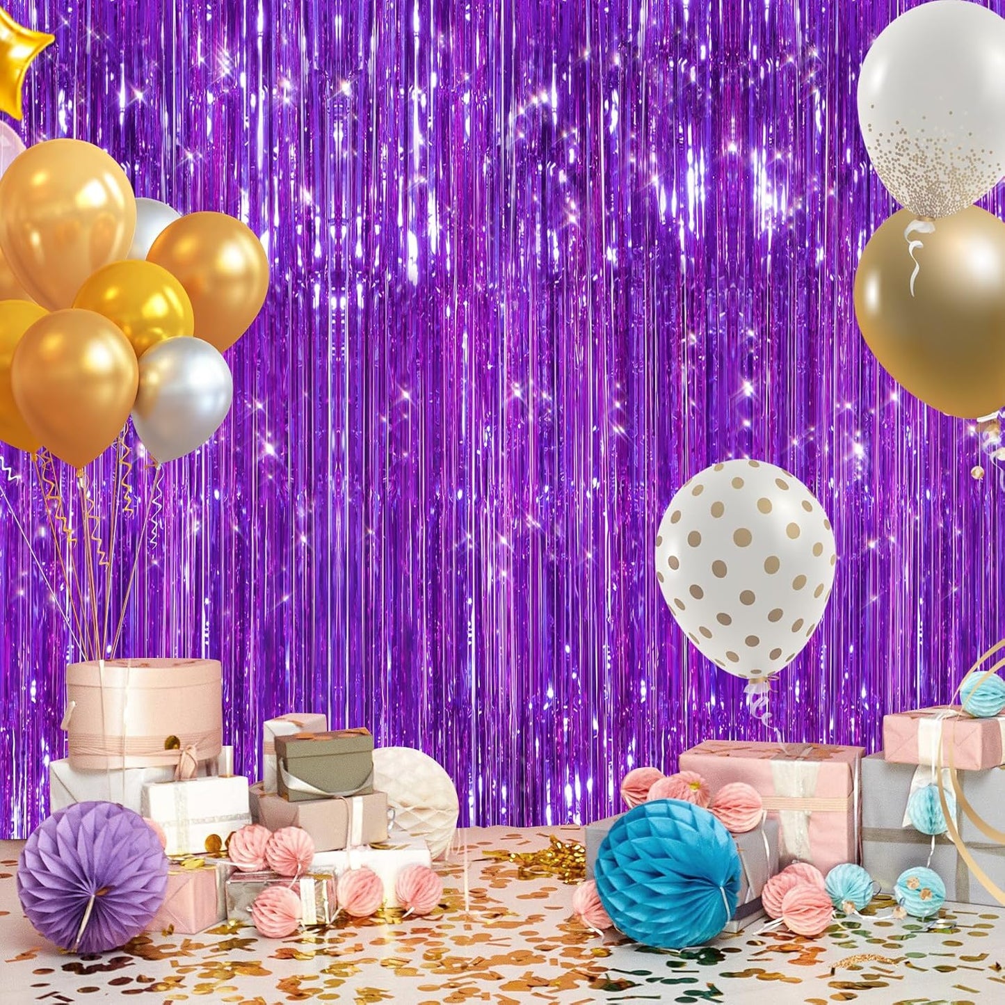 GCB 2Pack Purple Metallic Tinsel Foil Fringe Curtains, Door Streamers Photo Booth Backdrop for Birthday Party Wedding, Purple Curtain Backdrop for Baby Shower Bachelorette Christmas Party Decorations