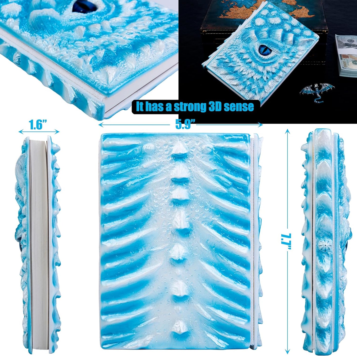 3D Dragon Eye Embossed Journal,Resin Engraving Notebook,Dnd notebook for Dragon Lovers ，Blank Paper,Hardcover Travel Notepad for Writing,Sketchbook,Collection,Gift,Decoration A4 and A5 Size (A5-Ice dragon-Lined)