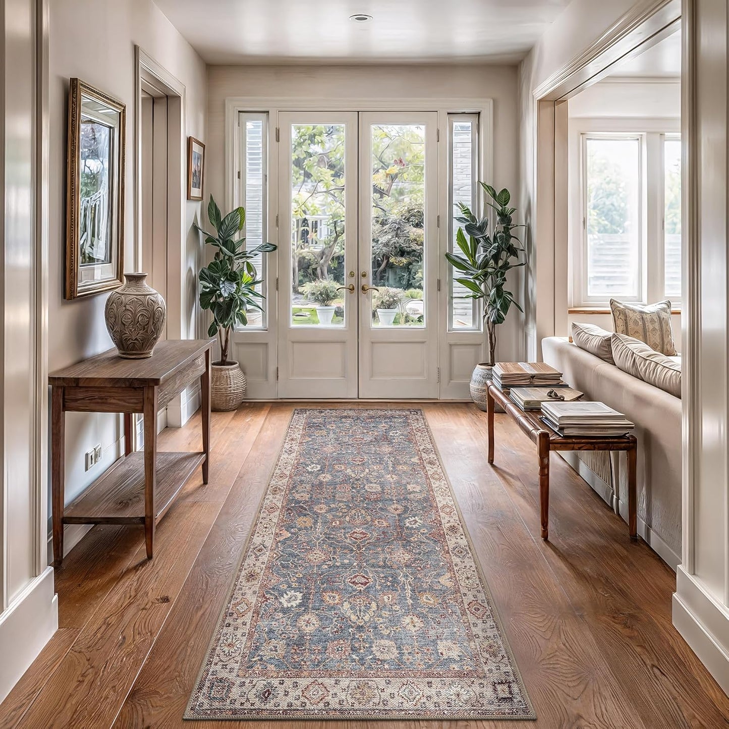 Bloom Rugs Washable Non-Slip 10 ft Runner - Beige/Blue Traditional Bordered Runner for Entryway, Hallway, Bathroom, and Kitchen - Exact Size: 2.5' x 10'