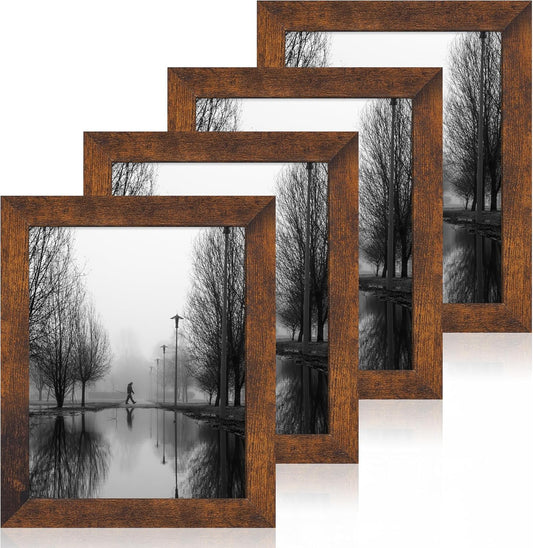 8x10 Picture Frame Set of 4, High Definition Glass 8 x 10 Frame, Wood Rustic Photo Frames for Horizontal or Vertical Display Tabletop and Wall Mounting