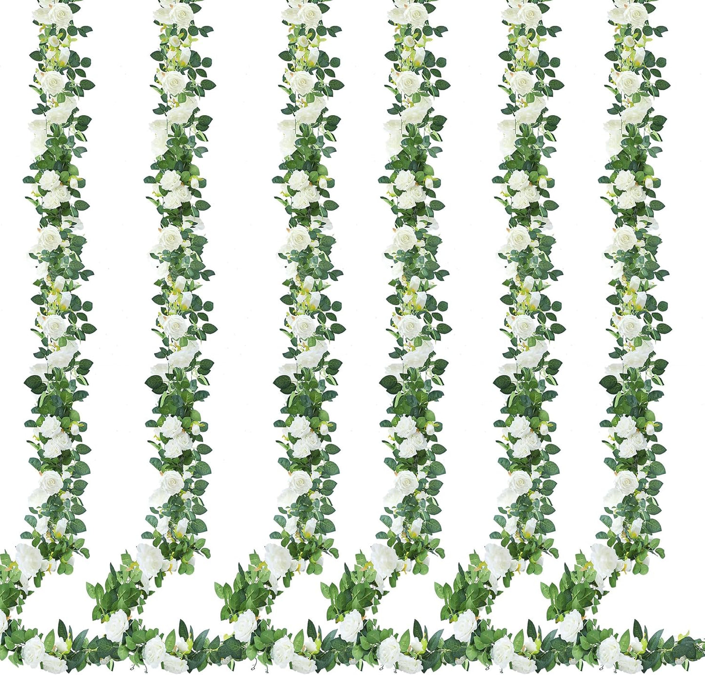 Sggvecsy 6Pcs 46.5Ft Artificial Rose Vine Fake Flower Garland Floral Garland Faux Silk Hanging Vine Rose Ivy Vines for Wedding Arch Party Wall Garden Ceremony Background Outdoor Decor (White)