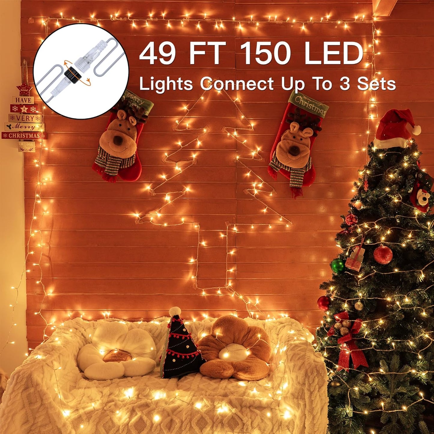 Connectable Warm White String Lights Indoor Bedroom, 8 Modes Christmas String Light Plug in Classroom Lights, 49ft 150 LED Fairy Twinkle Light for Wedding Holiday Christmas Decor