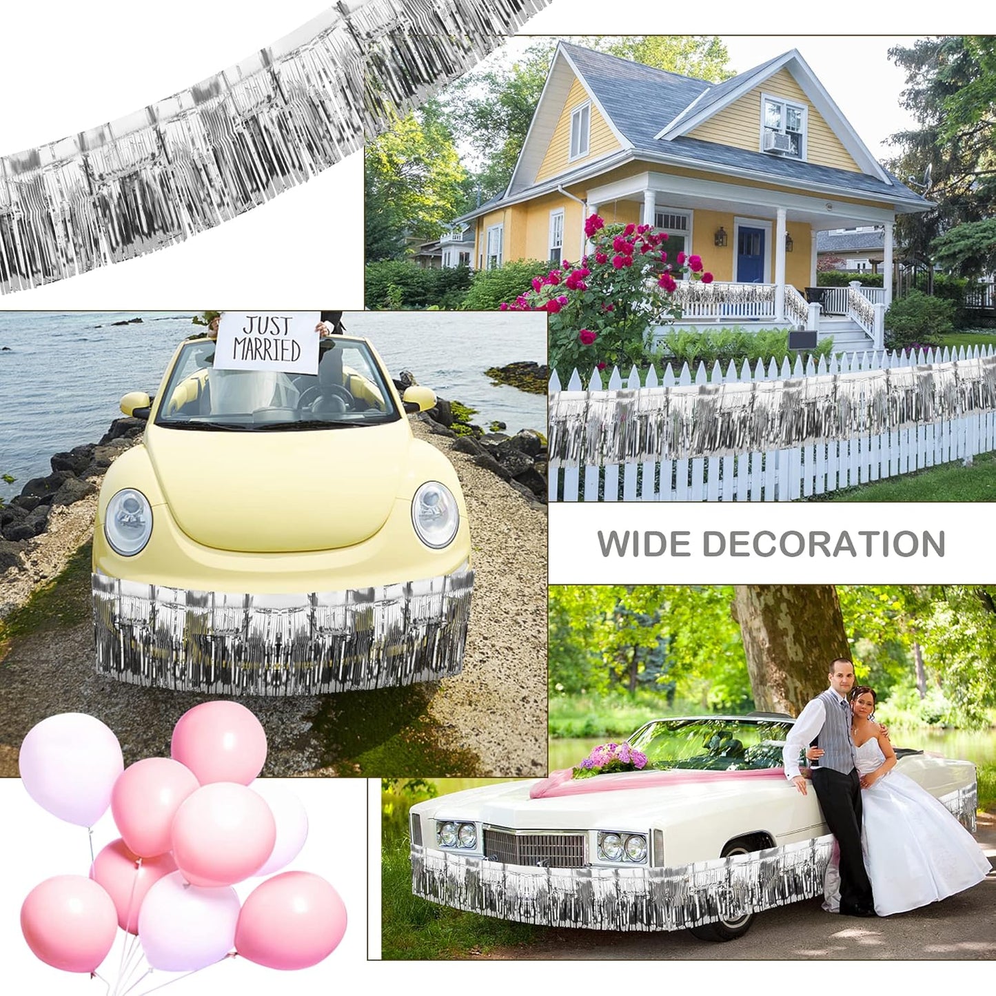 4 Pack Iridescent Fringe Curtains, Metallic Foil Fringe Garland Wall Hanging Drapes Tassel Foil Float for Parade Trailer, Birthday Holiday Outdoor/Indoor Party Decoration (Silver)