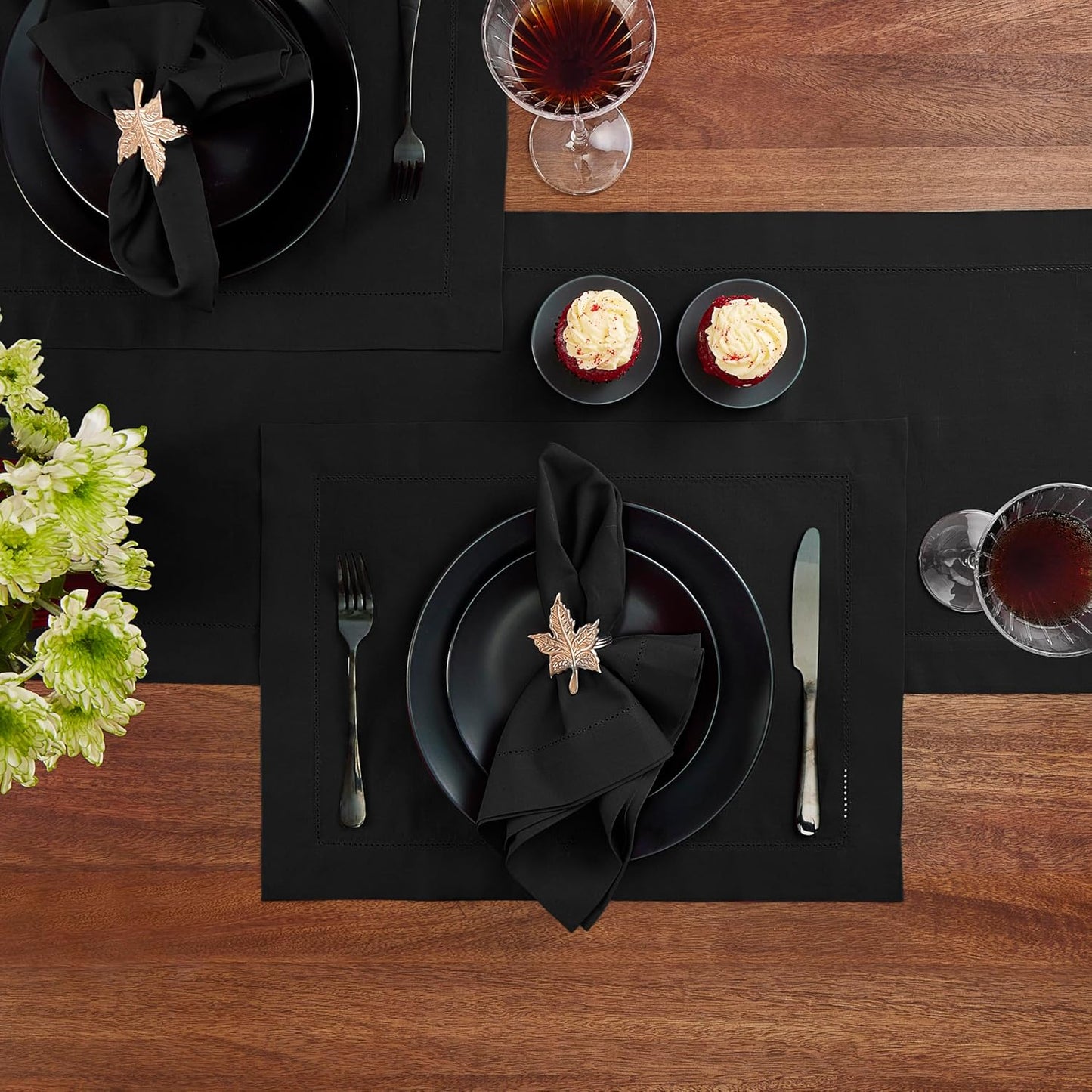 Black Table Runner 48 Inch – Cotton Linen Hemstitch Farmhouse Table Runner 14x48 – Washable Fabric for Fall, Halloween, Thanksgiving, Everyday Dining & Décor – Serena