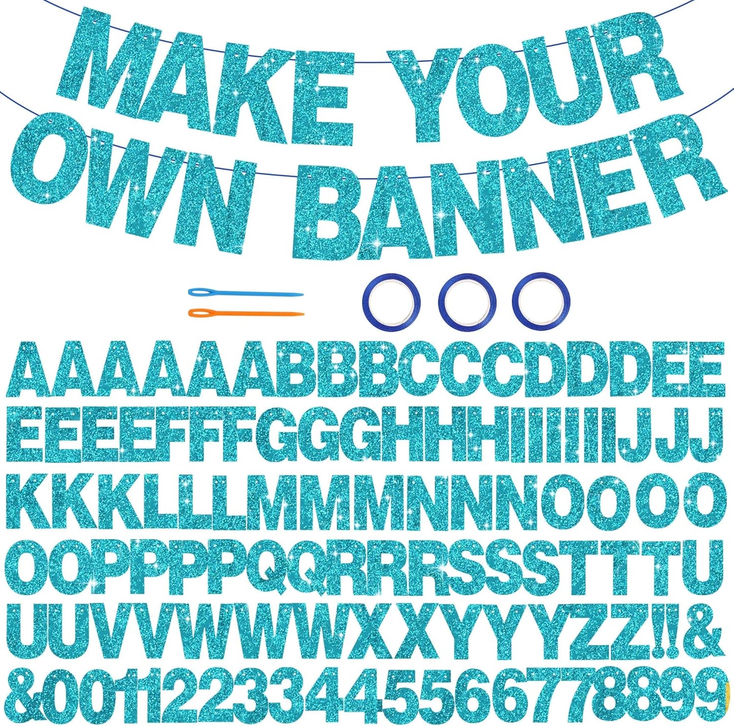 BEISHIDA 116 PCS A-Z Glitter Lake Blue DIY Letter Banner Kit Make Your Own Banner，Including 111 Letters and Numbers 3 Rope and 2 Threading Device,Customized for Birthday Graduation Wedding Party Decor