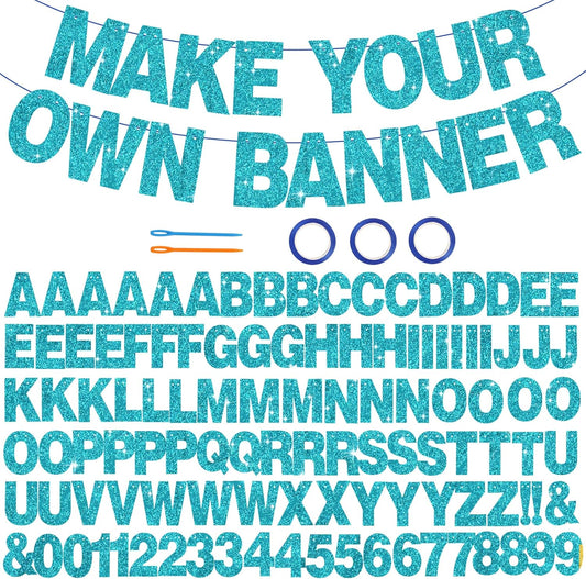 BEISHIDA 116 PCS A-Z Glitter Lake Blue DIY Letter Banner Kit Make Your Own Banner，Including 111 Letters and Numbers 3 Rope and 2 Threading Device,Customized for Birthday Graduation Wedding Party Decor