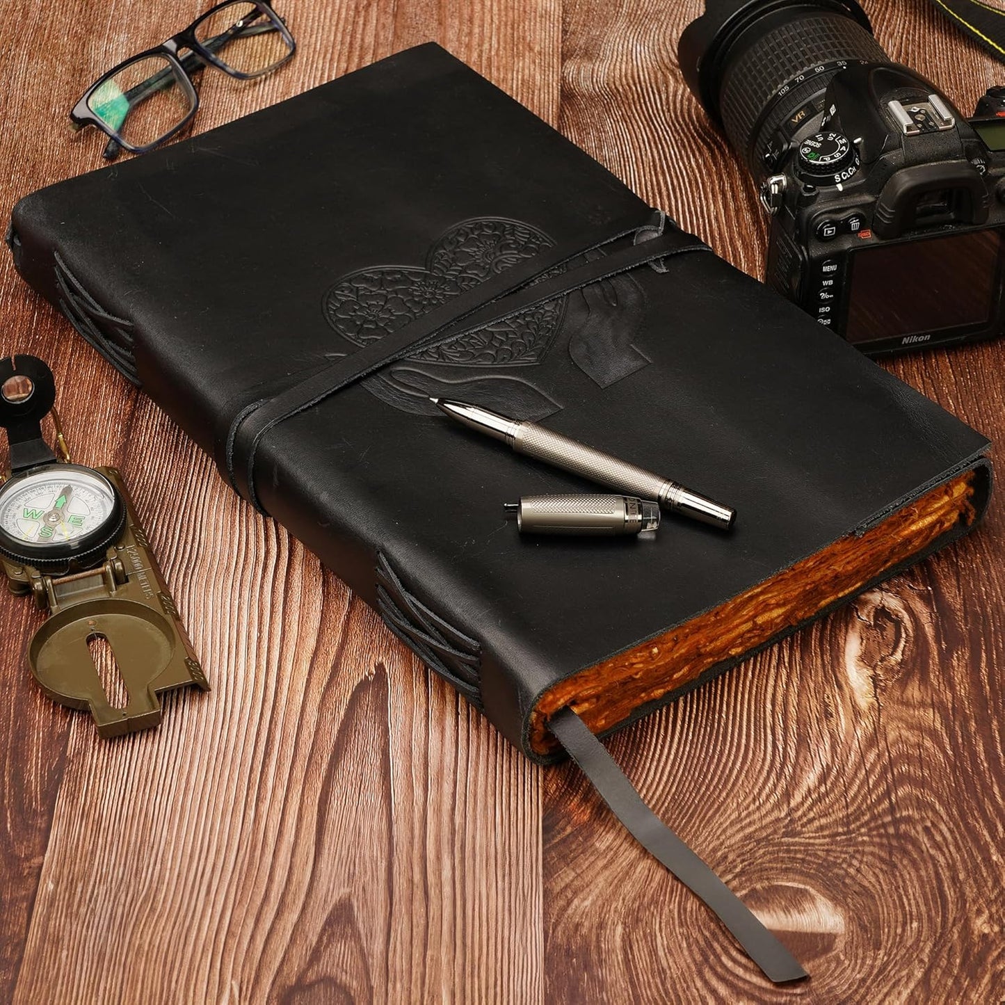 LUXEORIA Heart Journal for Women and Men, Handcrafted Leather Journal for Writing Womens, Sketchbook, Travel Diary with Unlined Deckle Paper, Black 8x13