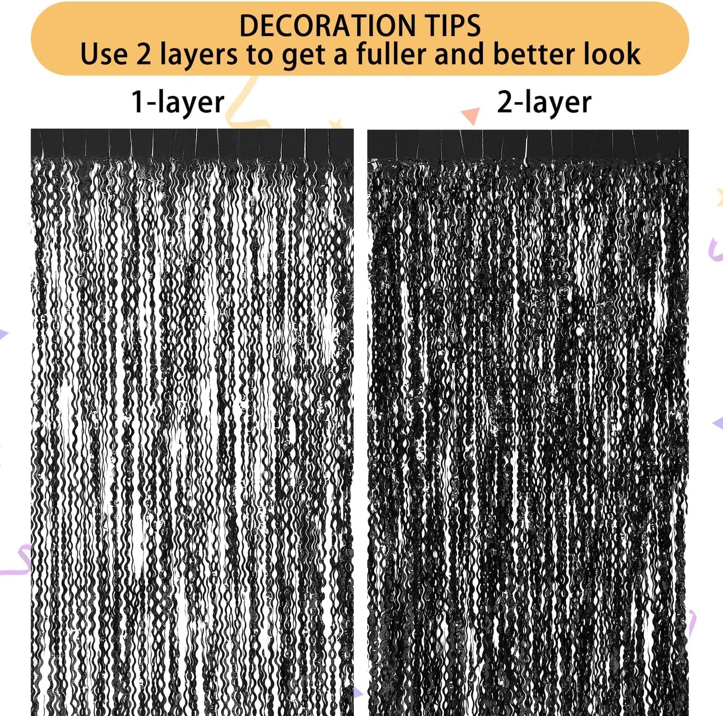 3 Pack New Years Decorations Wavy Black Tinsel Foil Fringe Curtains Party Backdrop 3.3 x 6.6 ft Streamer Backdrop Tinsel Curtains for Birthday, Graduation, Fiesta, Halloween Party Decor