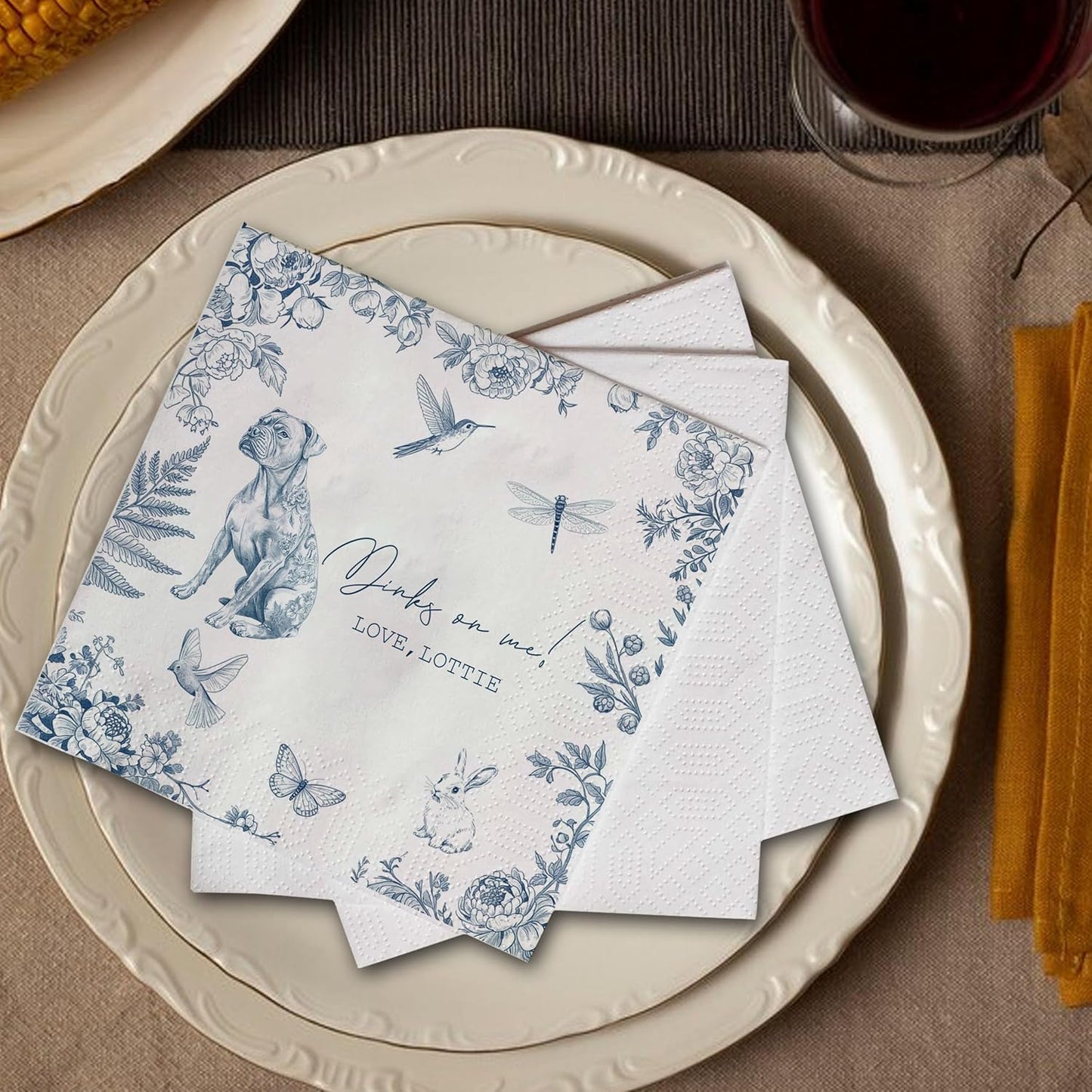 Luxury Personalized Dog Wedding Napkins, Custom Wedding Cocktail Napkins, Blue Floral Cocktail Napkin, Napkin for Pet Lovers, Anniversary, Bridal, Engagement Party, Bridal Shower