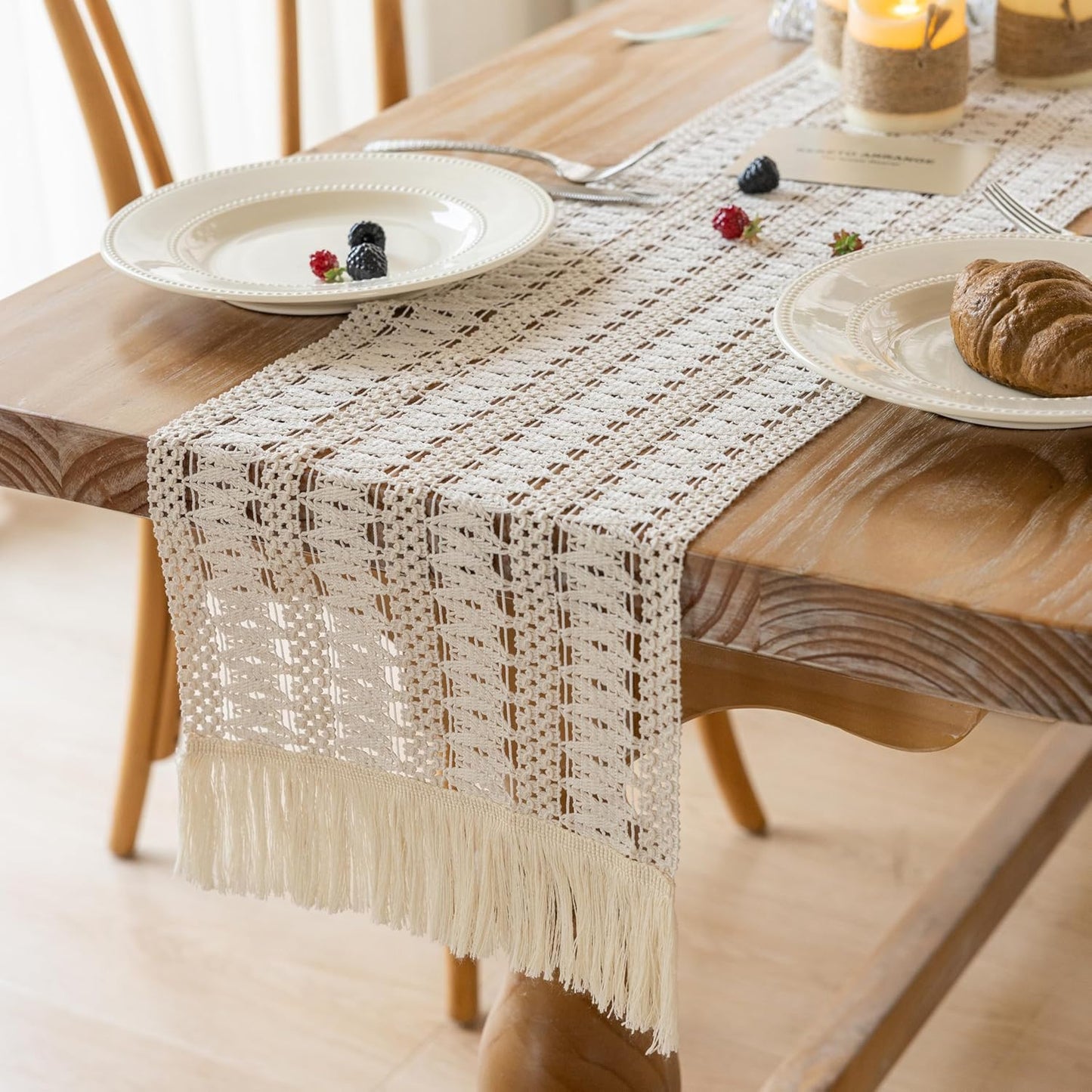 Keketo Boho Table Runner White for Home Décor 12x72 Inches Farmhouse Macrame Burlap Jute Rustic Dining Kitchen Centerpiece Bohemian Decor French Country Bridal Shower Decorations