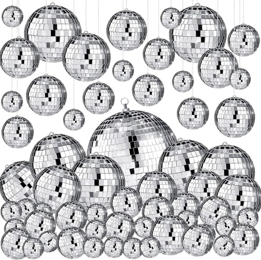 Funtery 100 Pcs Mirror Disco Balls Bulk Assorted Silver Hanging Disco Ball Decor for Home Wedding Birthday Dance Music 70 S Theme Party Christmas Tree Ornaments(1, 2, 3, 4, 6, 8)