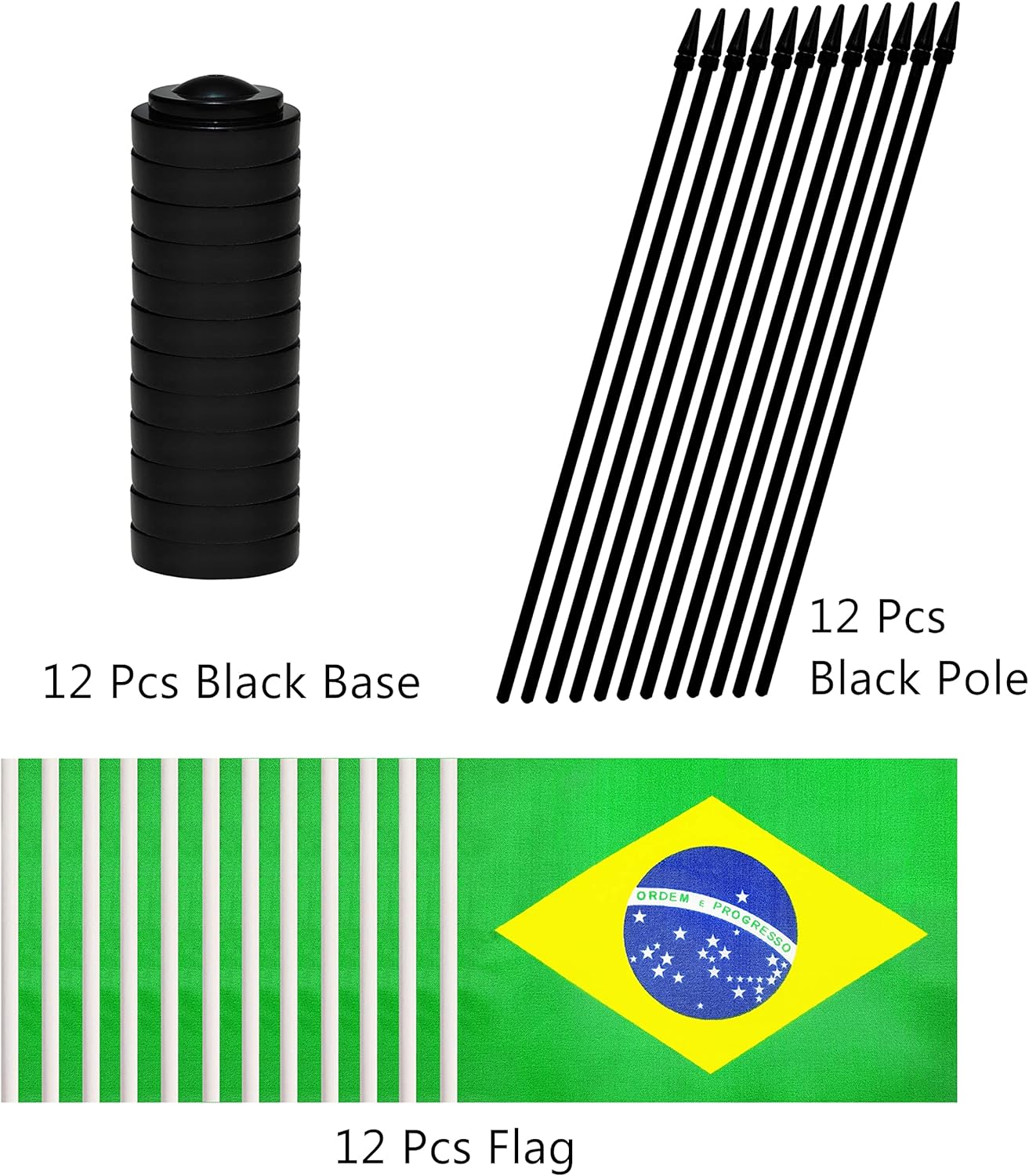 12 Pack Brazil Desk Flags Set, Brazilian Small Mini Table Office Flags with 12" Solid Black Pole, 8.2 x 5.5 Inches, Home and Office Decoration, Festival Celebrations