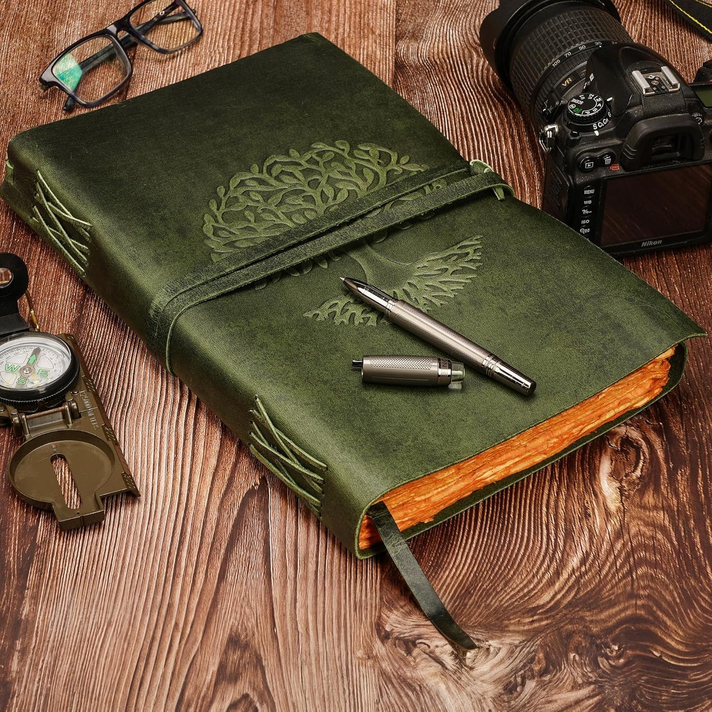 LUXEORIA Tree Of Life Leather Journal for Women and Men, Handcrafted Leather Journal for Writing Womens, Sketchbook, Travel Diary with Unlined Deckle Paper, Dark Green 8x13