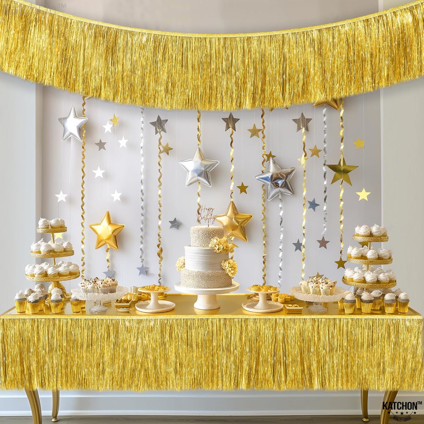 KatchOn, Pack of 2 Gold Fringe Garland - Gold Tinsel Banner for Birthday Party Decorations, Bridal Shower | Golden Foil Curtains for Golden Party Decor, Wedding, New Years Decorations