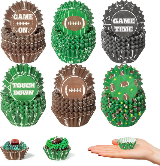 COcnny Football Mini Cupcake Liners - 600pcs Football Themed Mini Baking Cups Muffin Cupcakes Wrappers, Rugby Sport Paper Cake Wrap Making Supplies for Game Day Post-match Celebration Party (6 Styles)