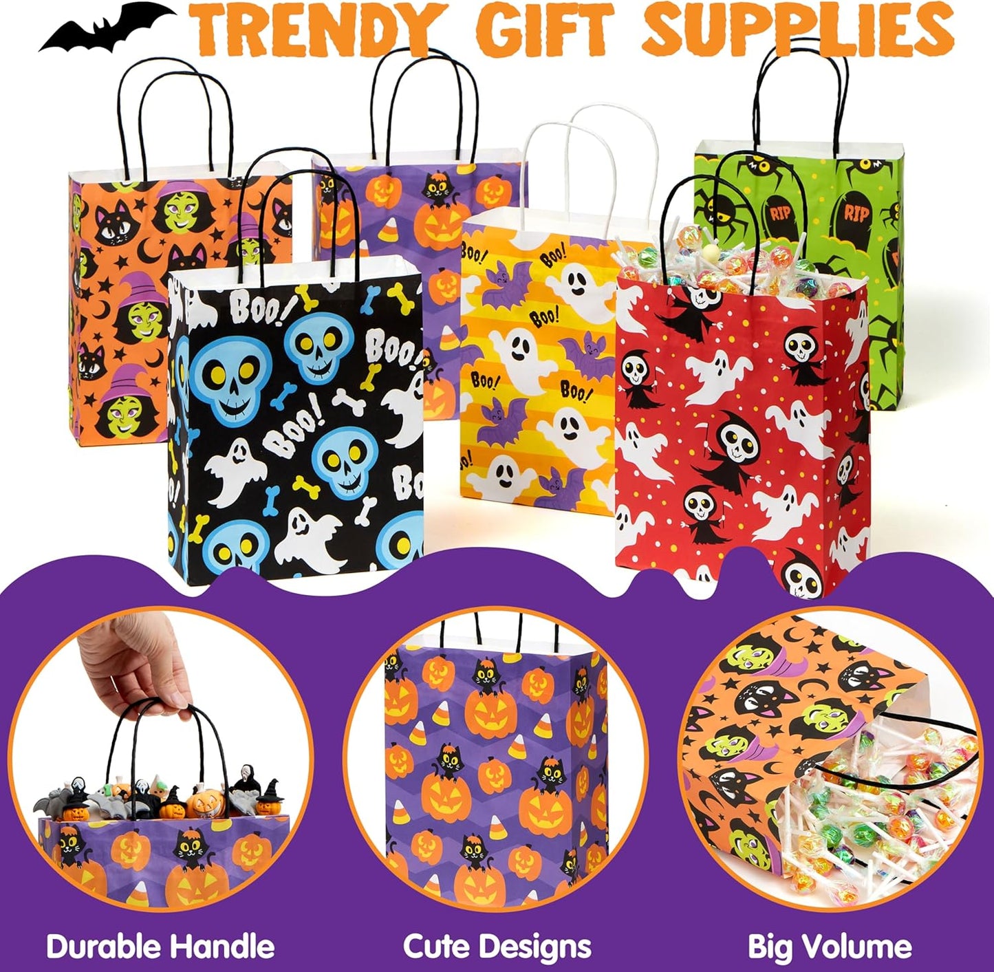 JOYIN 24 Pcs Halloween Paper Goodie Bags with Handles in 6 designs for Halloween Trick or Treat, Colorful Candy Bags for Party Favor, Party Supplies