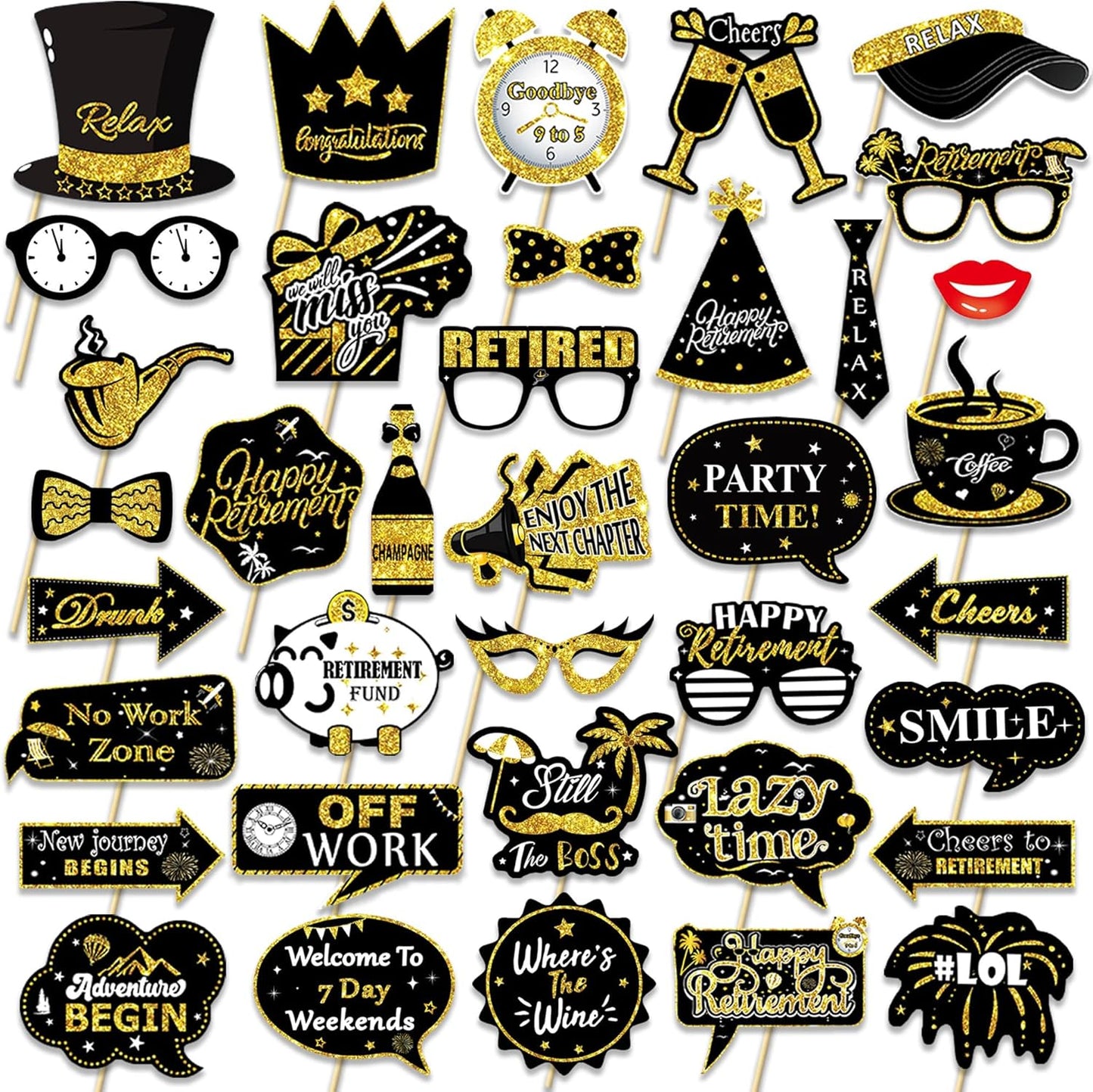 Retirement Party Photo Booth Props Kit - 27pcs Paper Photo Props 1 Frame Glitter Retirement Party Decorations for Retiree Celebration, Farewell Office Party Supplies (Black and Gold)