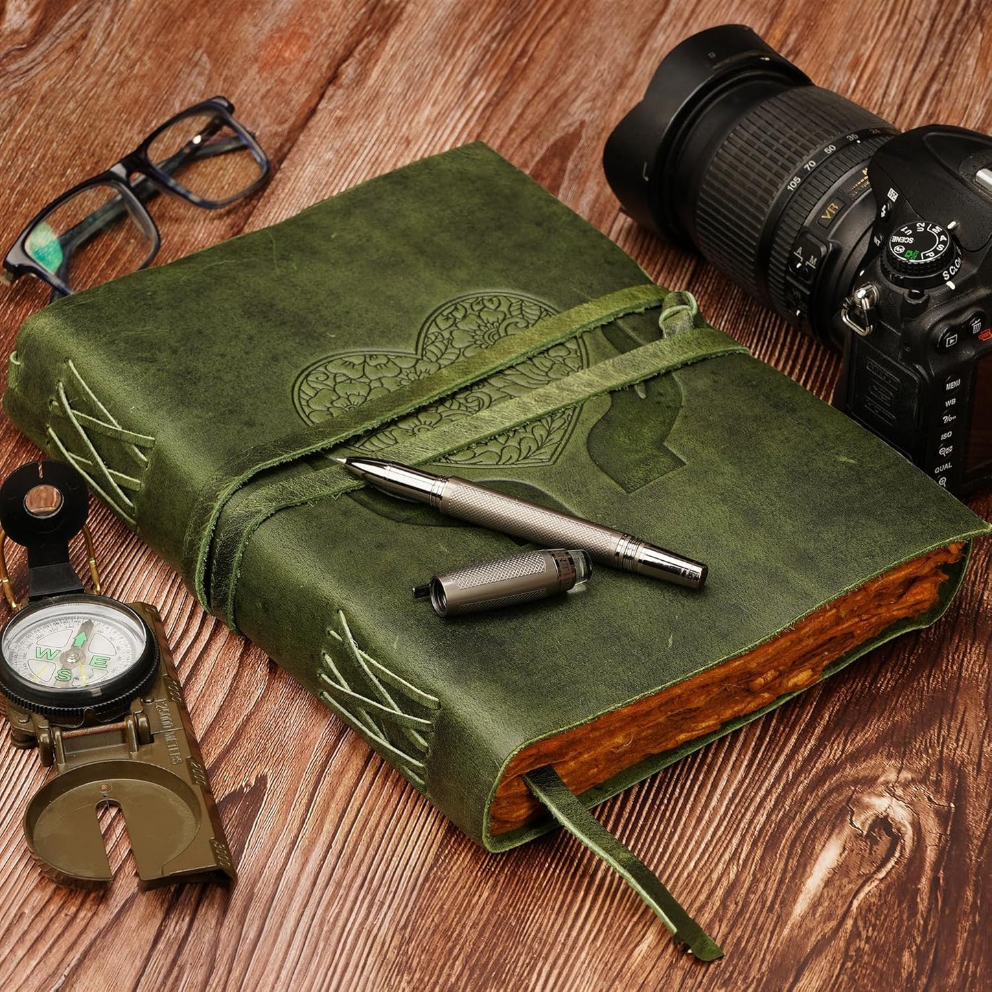 LUXEORIA Heart Journal for Women and Men, Handcrafted Leather Journal for Writing Womens, Sketchbook, Travel Diary with Unlined Deckle Paper, Dark Green 7x10