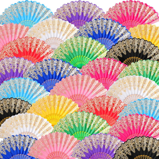 Geetery 30 Pcs Folding Hand Fan for Line Dancing Spanish Boots on The Ground Fans Gifts Bulk Colorful Silk Popping Rave for Women Tea Party Wedding Church Halloween Costume(Embroidery,Elegant Colors)