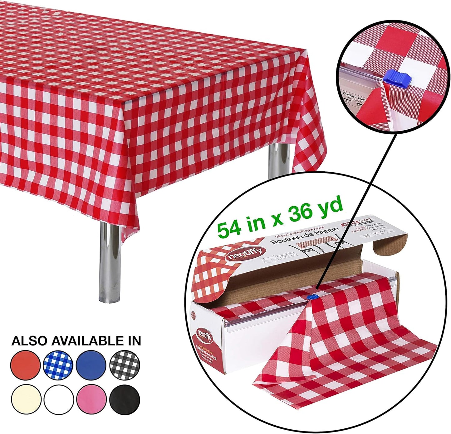 Neatiffy Disposable Plastic Table Cloth Roll | 54 in x 108 Ft Waterproof Tablecloth | Table Cover for Rectangle, Square, Round Oval Tables | Picnic, Party, Banquet, Birthdays, Weddings, Red Checkered