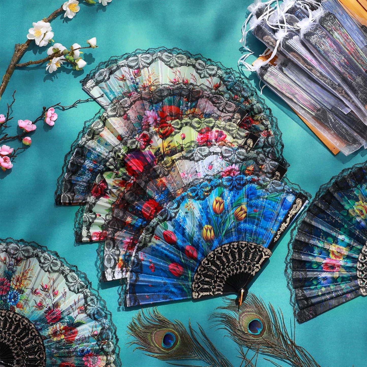 Geetery 30 Pcs Folding Hand Fan for Line Dancing Spanish Boots on The Ground Fans Gifts Bulk Colorful Silk Popping Rave for Women Tea Party Wedding Church Halloween Costume(Floral,Colors Random)