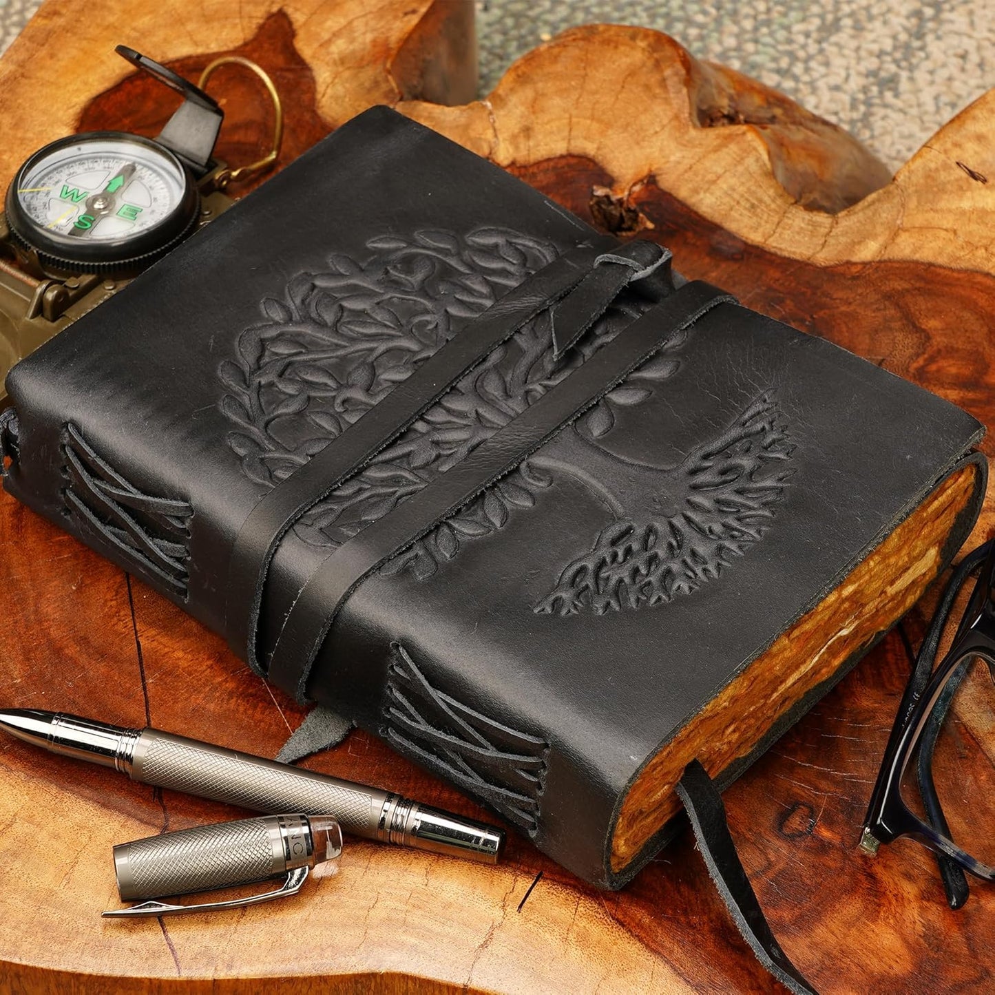 LUXEORIA Tree Of Life Leather Journal for Women and Men, Handcrafted Leather Journal for Writing Womens, Sketchbook, Travel Diary with Unlined Deckle Paper, Black 5x7