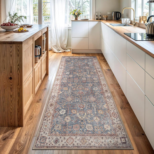 Bloom Rugs Washable Non-Slip 10 ft Runner - Beige/Blue Traditional Bordered Runner for Entryway, Hallway, Bathroom, and Kitchen - Exact Size: 2.5' x 10'